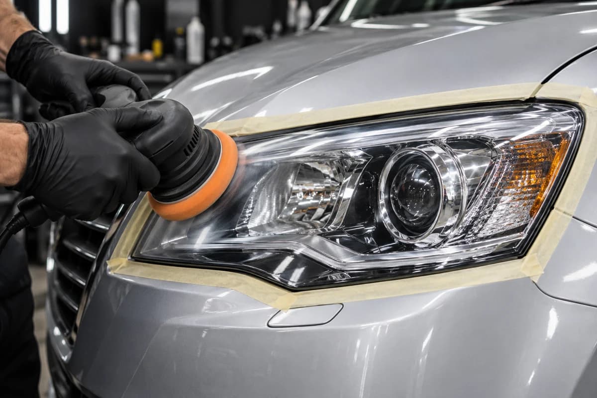 Illustration of a technician polishing a headlight lens during restoration