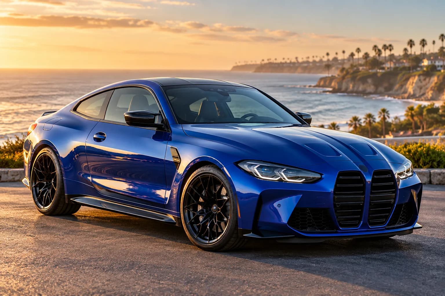 Gloss blue performance coupe with glossy black wheels at a San Diego coastal overlook