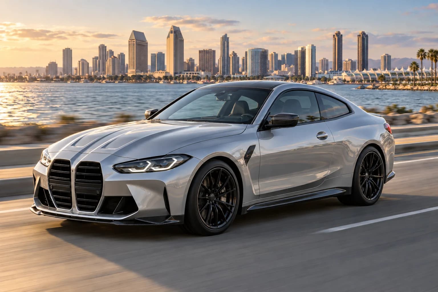 Gloss silver M4 with black wheels beside San Diego Bay, clear finish inspiration