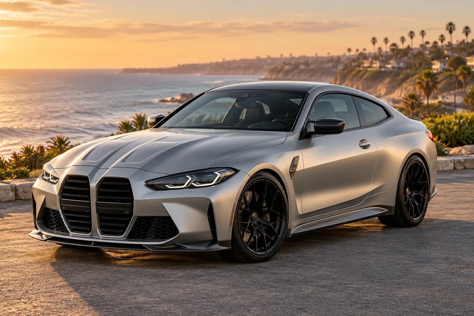 Satin silver performance coupe with glossy black wheels at a San Diego coastal overlook