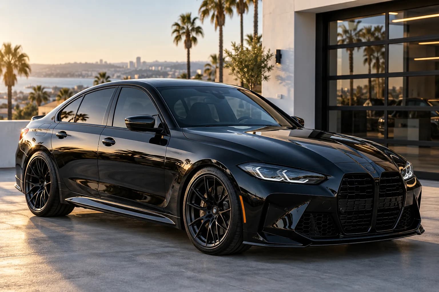 Black sedan with tinted side windows in warm California light